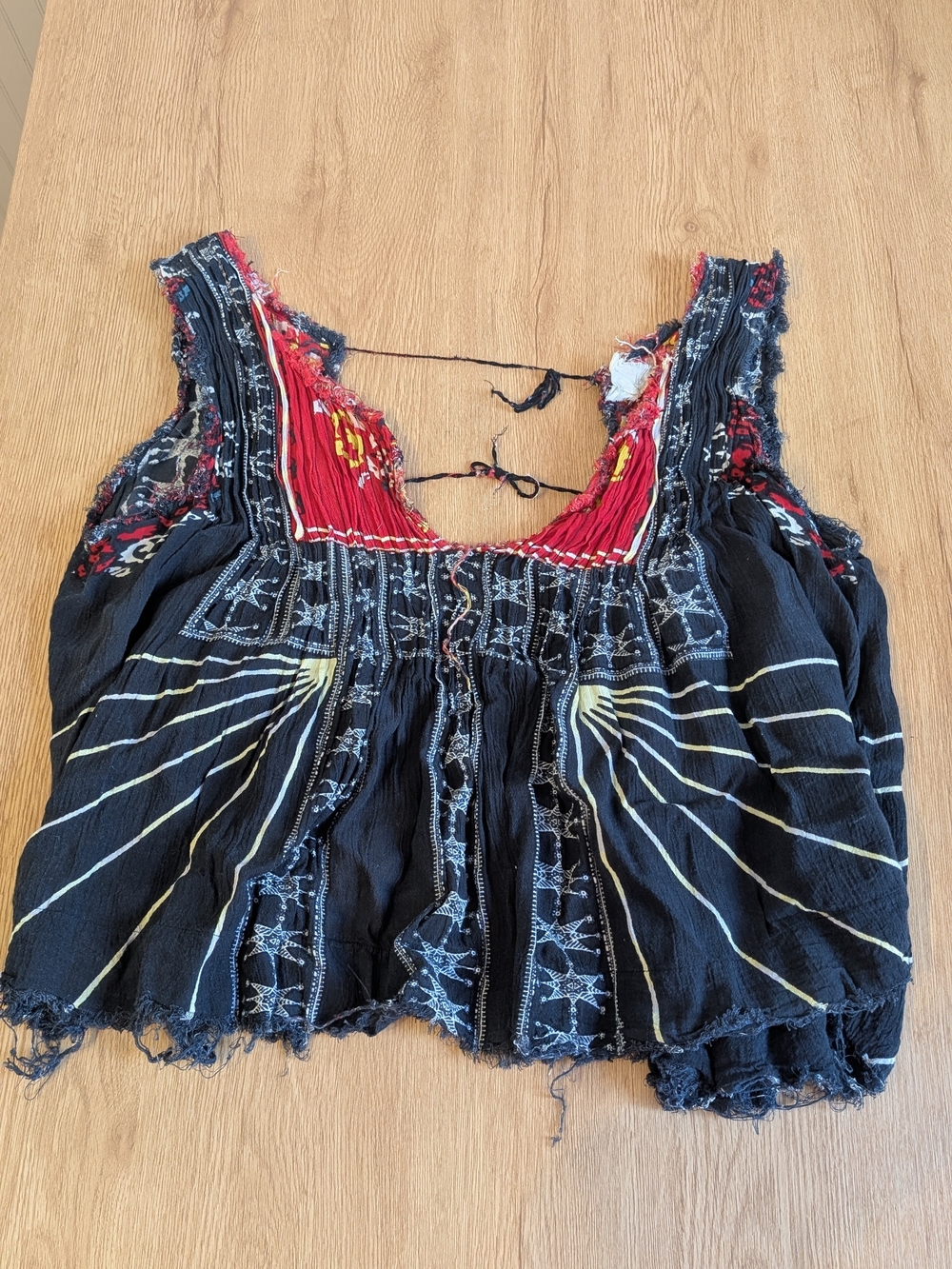Free People Black Boho Embroidered Scoop Neck Tank with Red Accent
